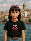 Cherry Baskılı Kids Siyah Unisex Oversize T-Shirt