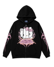 Kitty Baskılı Oversize Fermuarlı Siyah Unisex Kapüşonlu Hırka