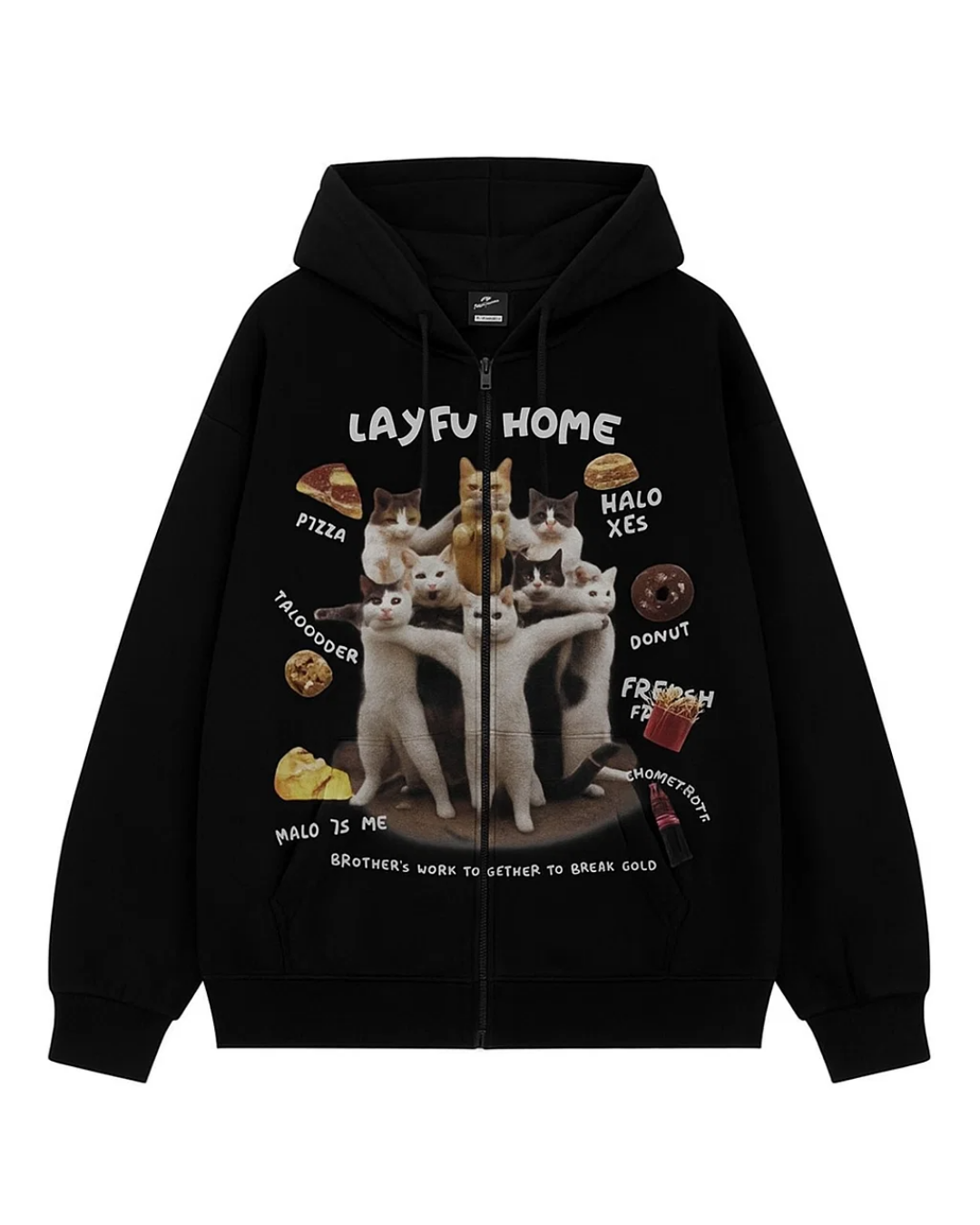 Cute Cat Baskılı Oversize Fermuarlı Siyah Unisex Kapüşonlu Hırka