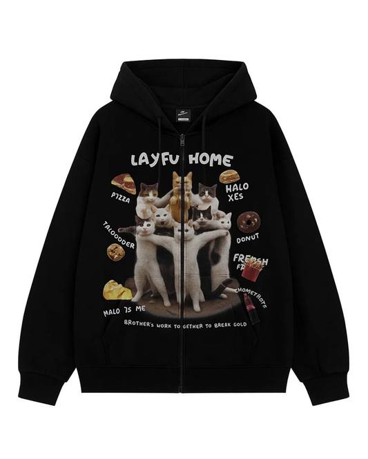 Cute Cat Baskılı Oversize Fermuarlı Siyah Unisex Kapüşonlu Hırka