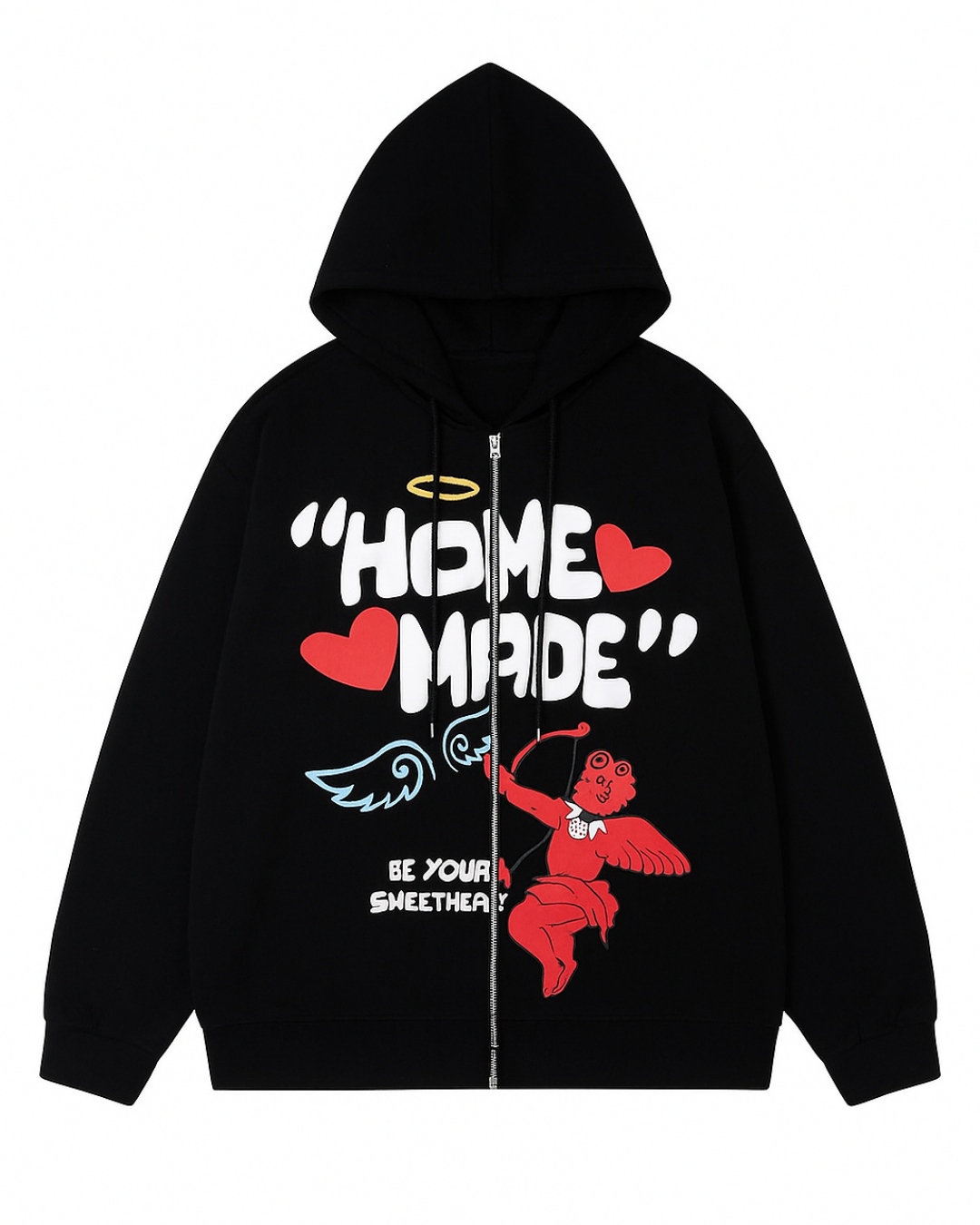 Home Made Baskılı Oversize Fermuarlı Siyah Unisex Kapüşonlu Hırka