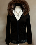 Grunge Stil İçi Leopar Detaylı, Kapüşonu Kürklü Siyah Slim Fit Zip-Up Hırka