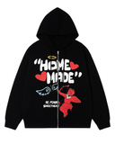 Home Made Baskılı Oversize Fermuarlı Siyah Unisex Kapüşonlu Hırka