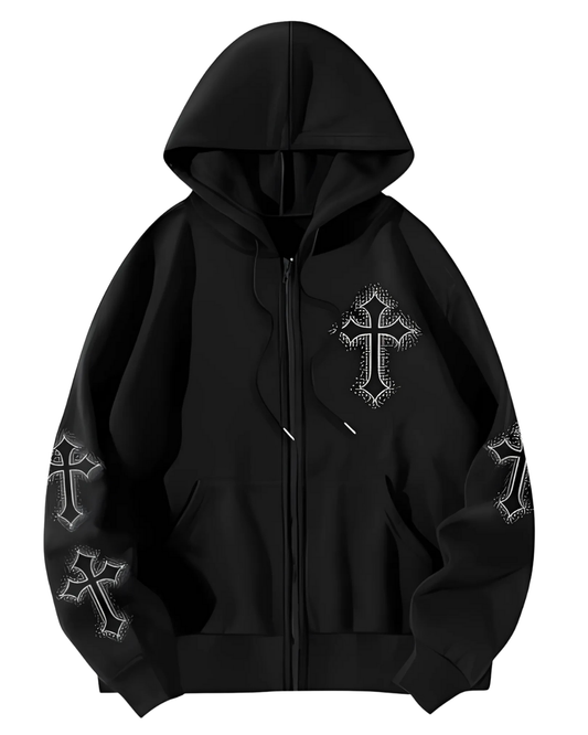 Hac Baskılı Oversize Fermuarlı Siyah Unisex Kapüşonlu Hırka