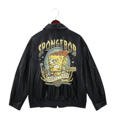 SpongeBob Retro Baskılı Streetwear Siyah Oversize Unisex Astarlı Deri Ceket