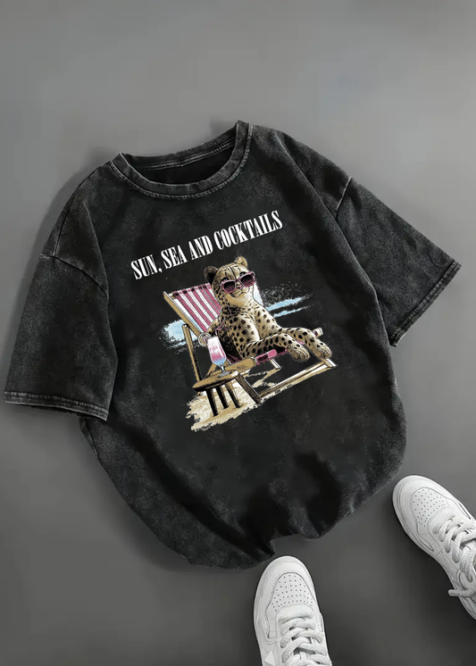 Sun,Sea and Cocktail Baskılı Unisex Oversize T-shirt