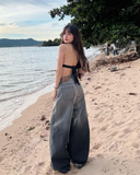 Streetwear Gri Parçalı Baggy Jean Pantolon