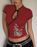 Mandarin Yaka Ejderha Motifli Vintage Crop