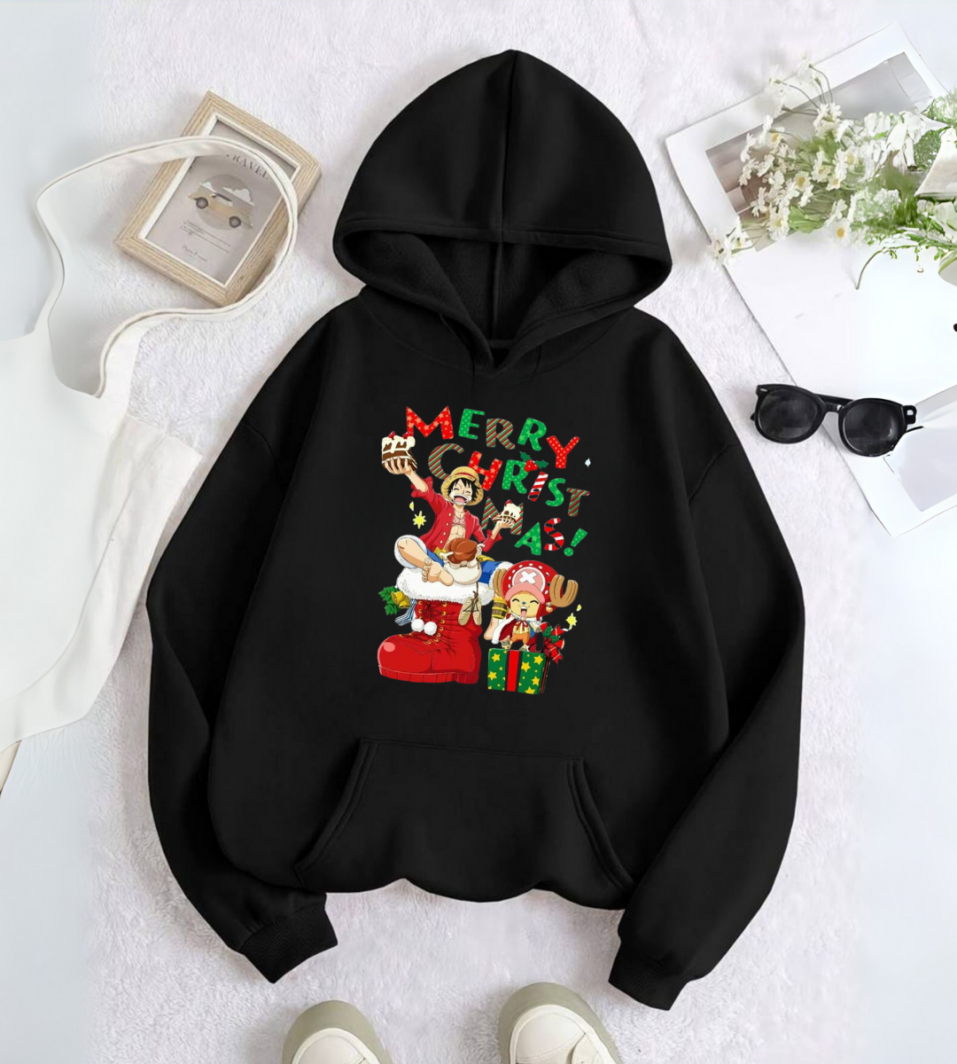 One Piece Merry Christmas Baskılı Kapşonlu Sweatshirt