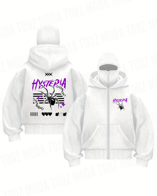 Hystapia Maske Detaylı Oversize Fermuarlı Ecru Unisex Kapüşonlu Hırka