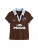 Retro Los Angeles Kahverengi Kısa Kol Crop Bluz