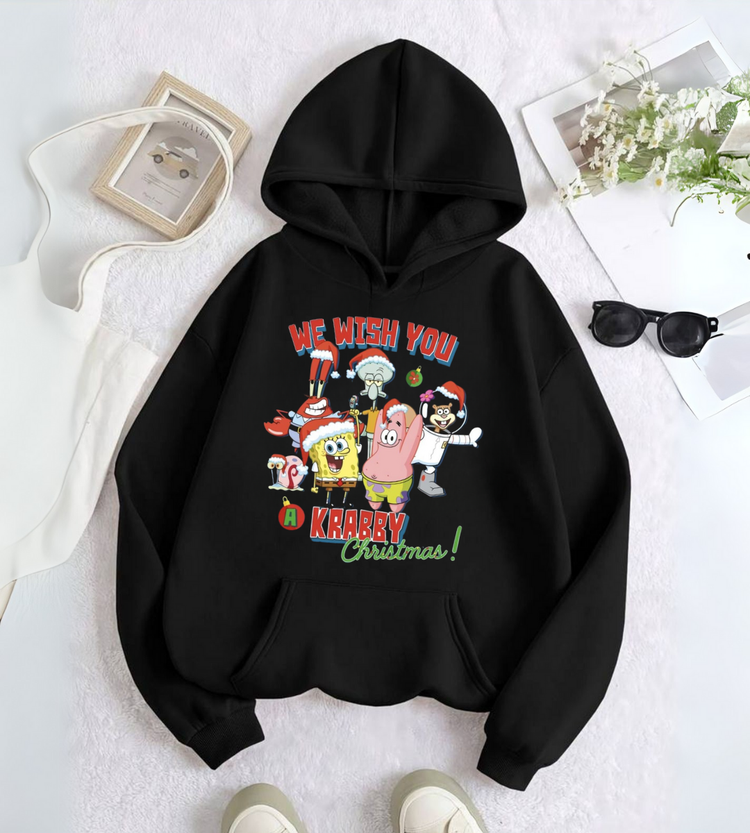 SpongeBob Friends Merry Christmas Baskılı Kapşonlu Sweatshirt