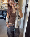 Y2K Kahverengi V Yaka Dantelli Kadın Basic Tişört