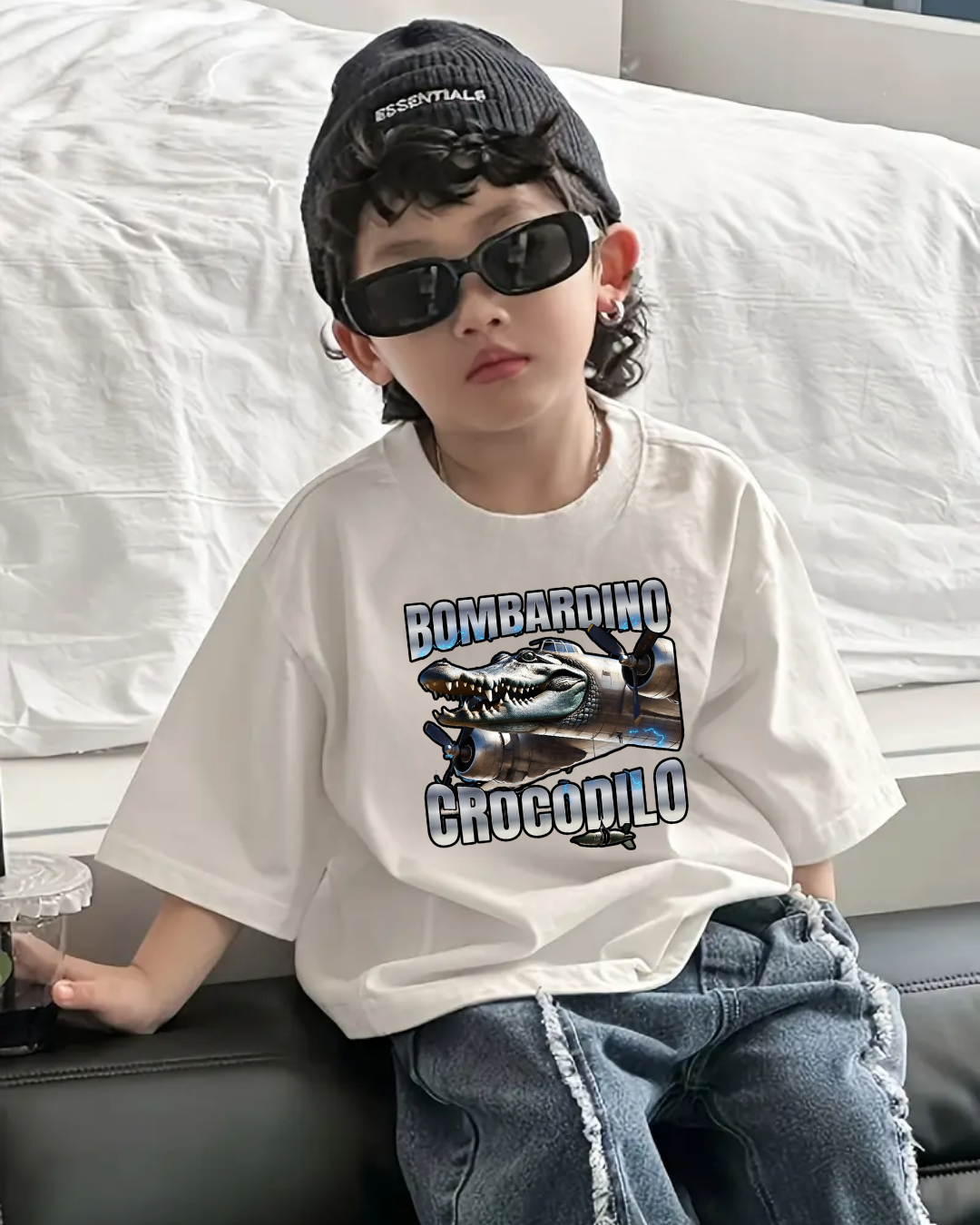 Tung Tung Tung Sahur Baskılı Kids Beyaz Unisex Oversize T-Shirt