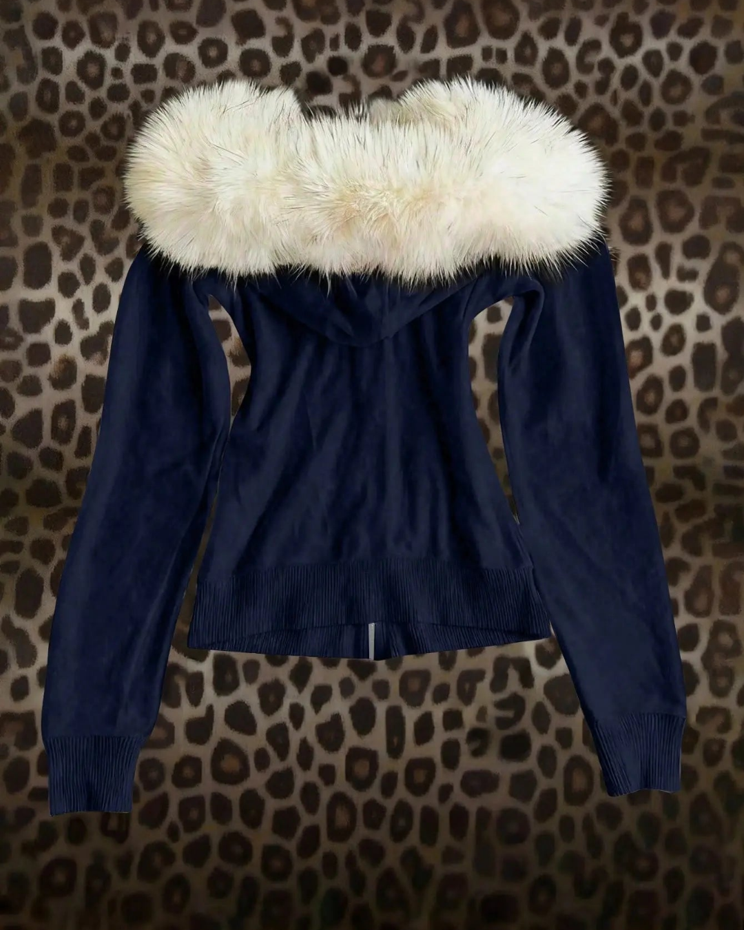 Lacivert Basic Luxury Fur Hooded Zip-Up Hoodie