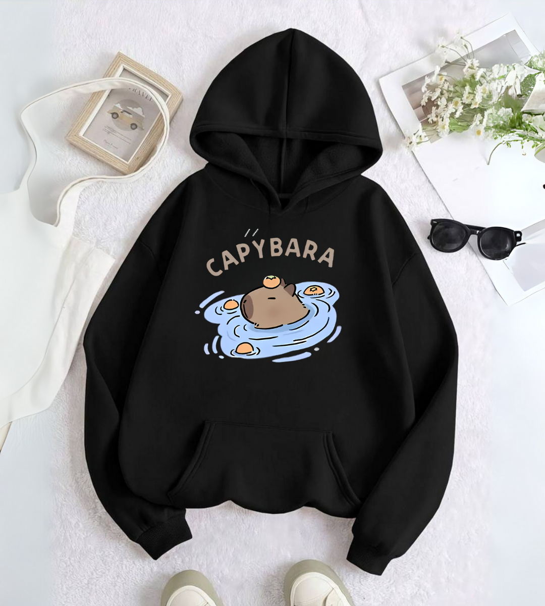 Capybara Detail Baskılı Kapşonlu Sweatshirt