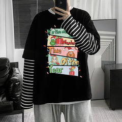 4'lü New Christmas Baskılı Fake Sleeves Unisex Siyah T-shirt