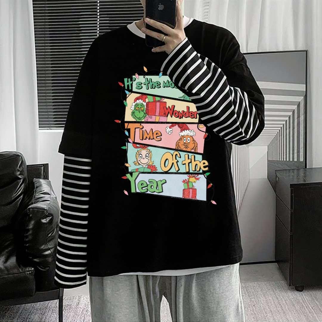 4'lü New Christmas Baskılı Fake Sleeves Unisex Siyah T-shirt - touzmoda