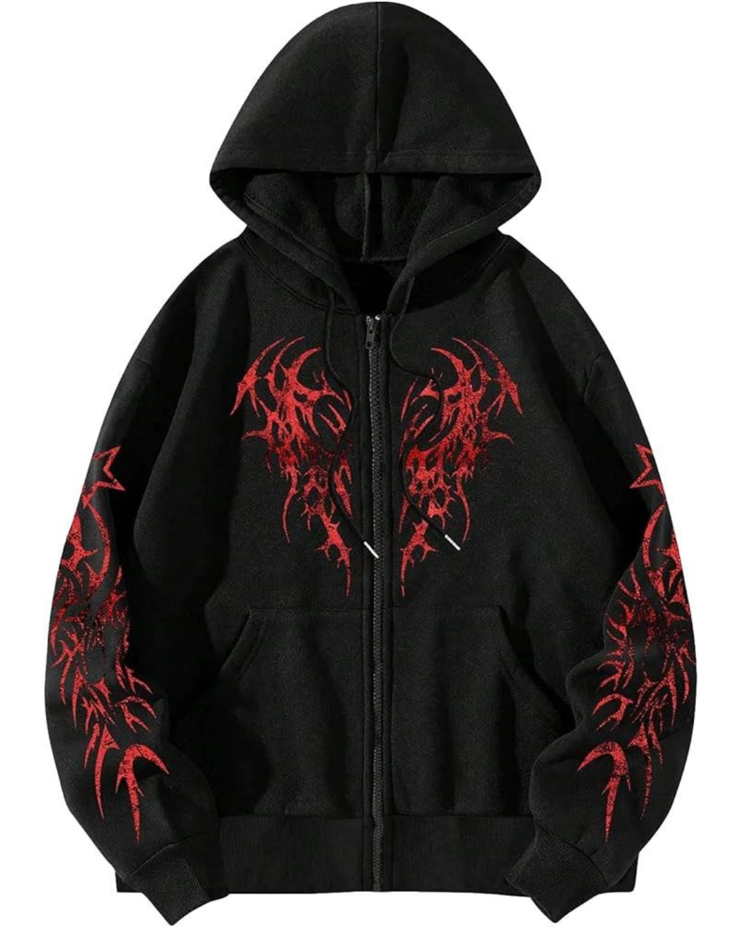 Red Gothic Baskılı Oversize Fermuarlı Siyah Unisex Kapüşonlu Hırka