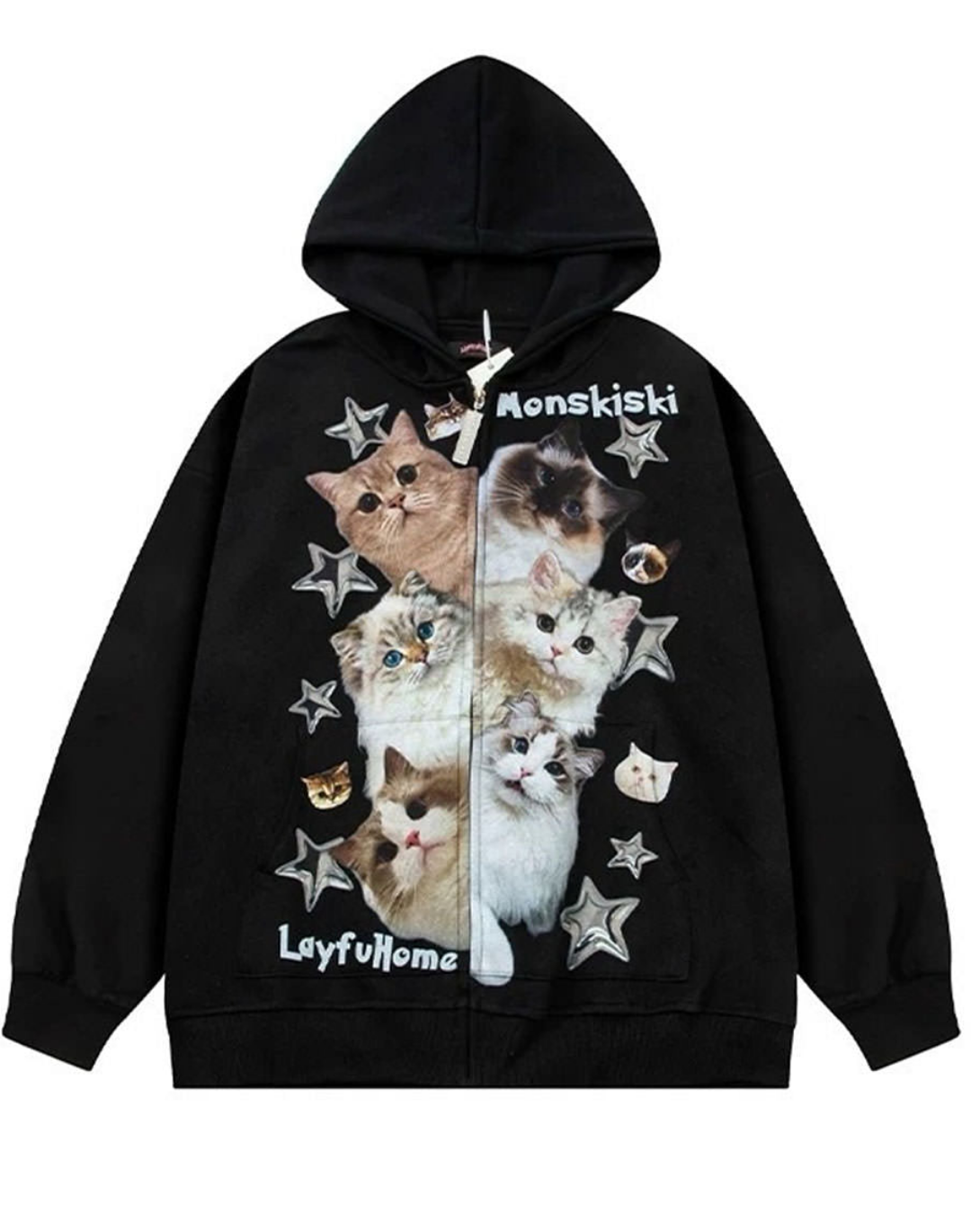 Cute Cat Baskılı Oversize Fermuarlı Siyah Unisex Kapüşonlu Hırka