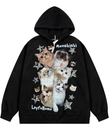 Cute Cat Baskılı Oversize Fermuarlı Siyah Unisex Kapüşonlu Hırka