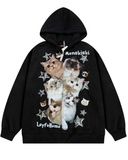 Cute Cat Baskılı Oversize Fermuarlı Siyah Unisex Kapüşonlu Hırka