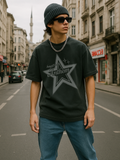 Star Baskılı Yıkamalı Vintage Unisex Oversize T-Shirt
