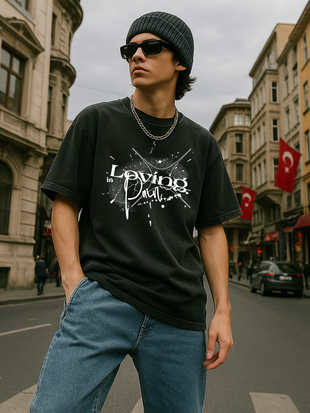 Loving Baskılı Yıkamalı Vintage Unisex Oversize T-Shirt