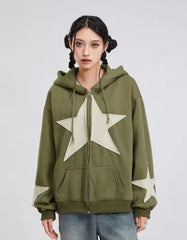 Star Detail Oversize Fermuarlı Unisex Kapüşonlu Hırka