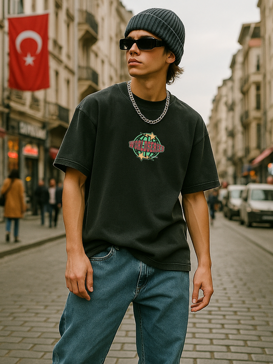 WorldSeries Baskılı Yıkamalı Vintage Unisex Oversize T-Shirt