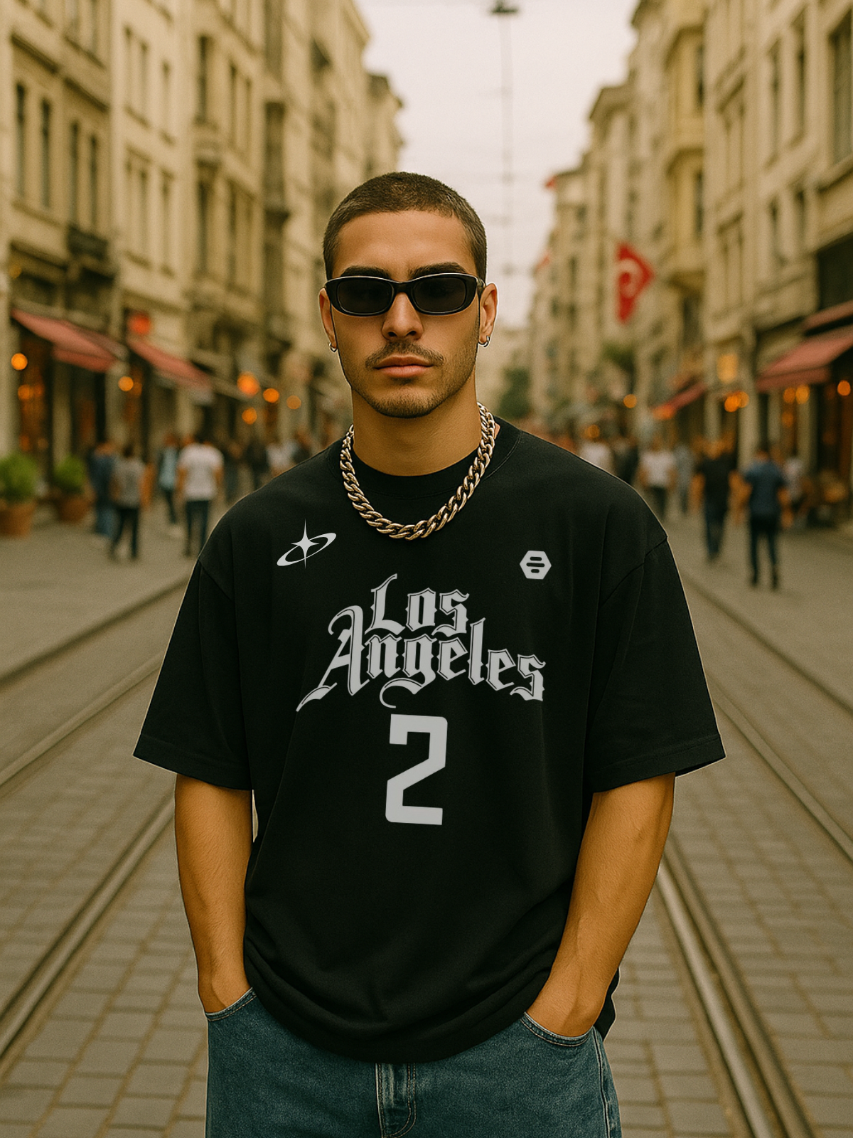 Los Angeles Baskılı Siyah Unisex Oversize T-Shirt