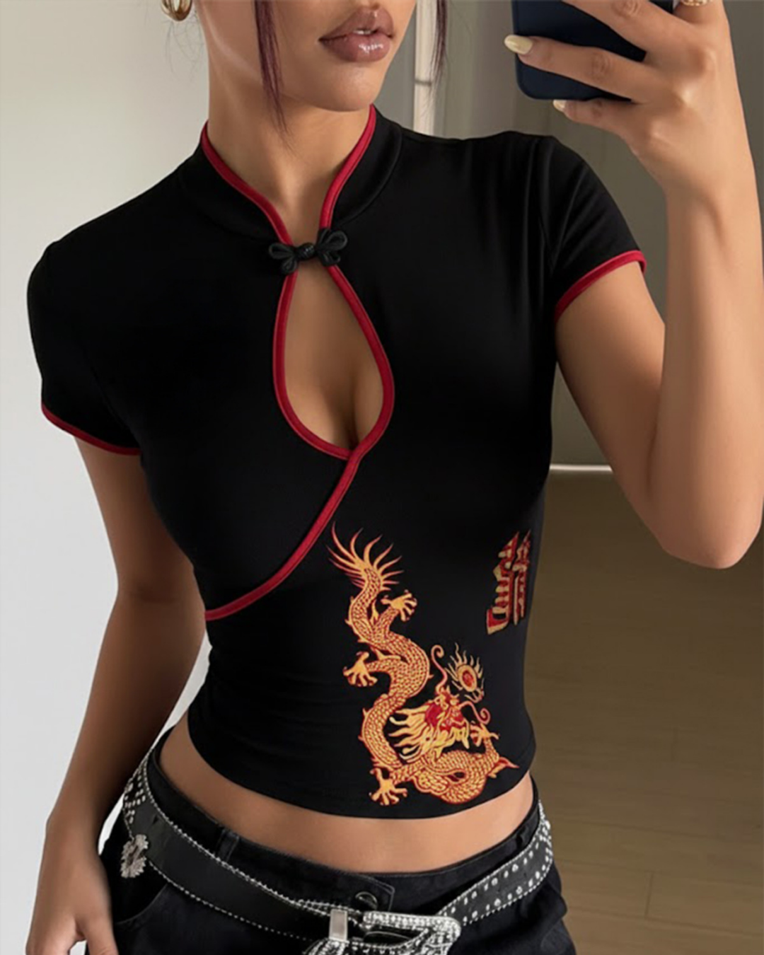 Mandarin Yaka Ejderha Motifli Vintage Crop