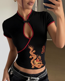 Mandarin Yaka Ejderha Motifli Vintage Crop