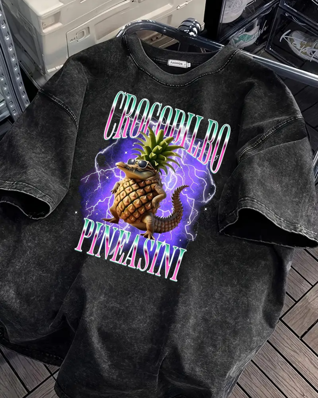 Crocodilbo Pineasini Baskılı Yıkamalı Vintage Unisex Oversize T-Shirt