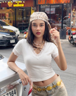Retro Lace Detail Beyaz Kısa Kol Crop