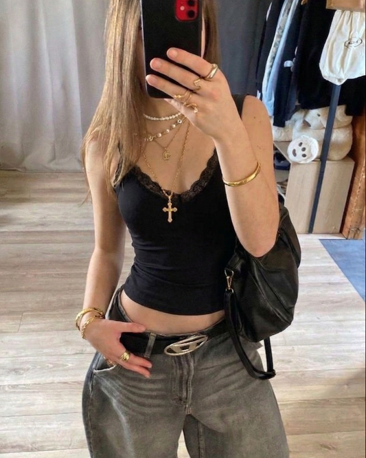 Lace Detail Night Black İp Askılı Crop