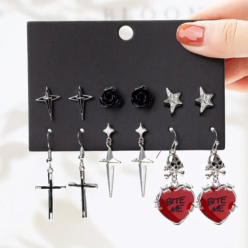 6 Çift Gothic Red Küpe Seti