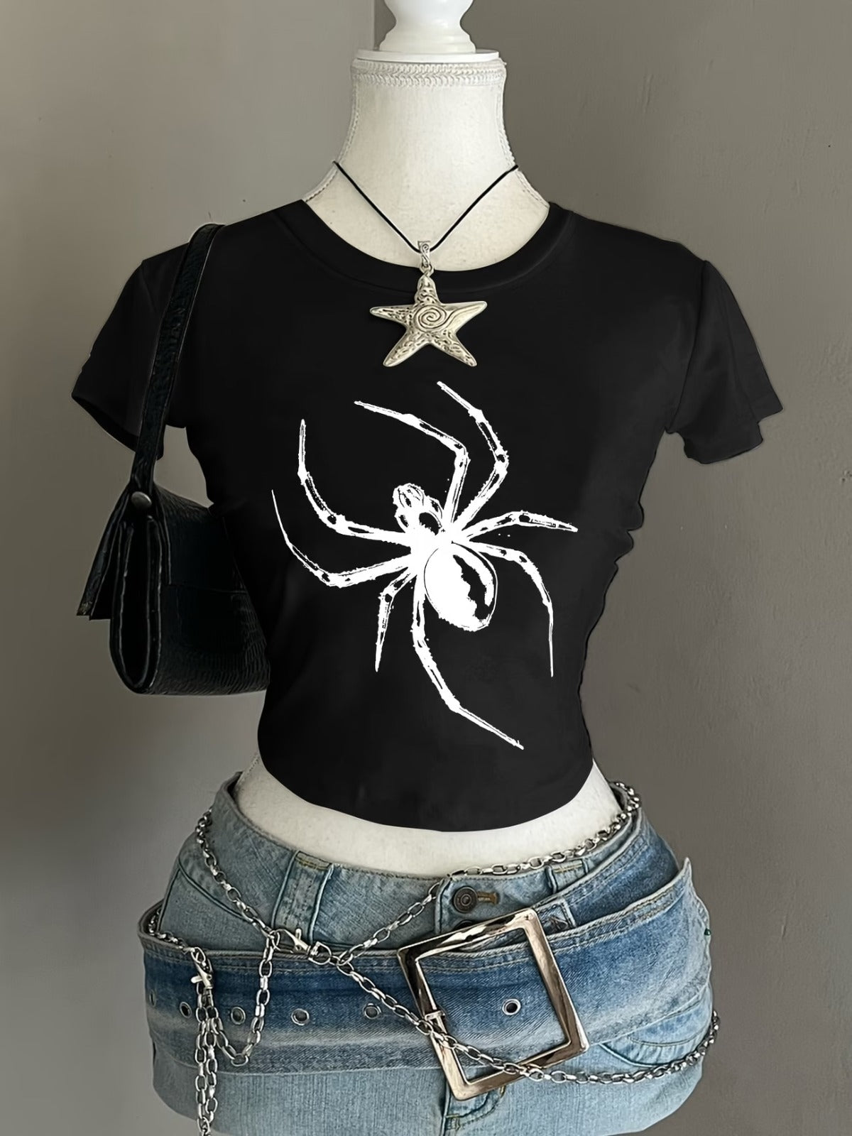 Kemer Boy Siyah Spider Retro Graphic Crop Bluz