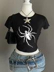 Kemer Boy Siyah Spider Retro Graphic Crop Bluz