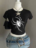 Kemer Boy Siyah Spider Retro Graphic Crop Bluz