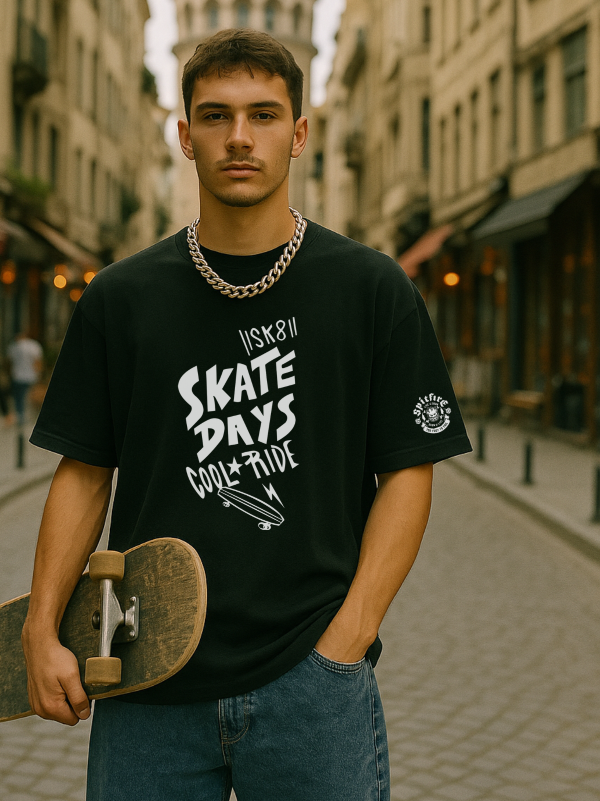 Skate Baskılı Siyah Unisex Oversize T-Shirt