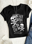 Kemer Boy Siyah Skeleton Retro Graphic Crop Bluz