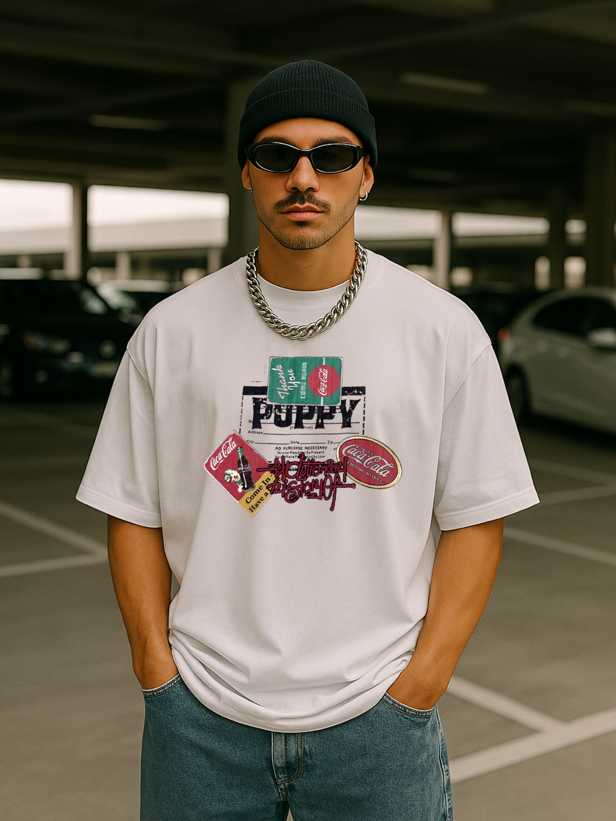 Retro Baskılı Beyaz Unisex Oversize T-Shirt