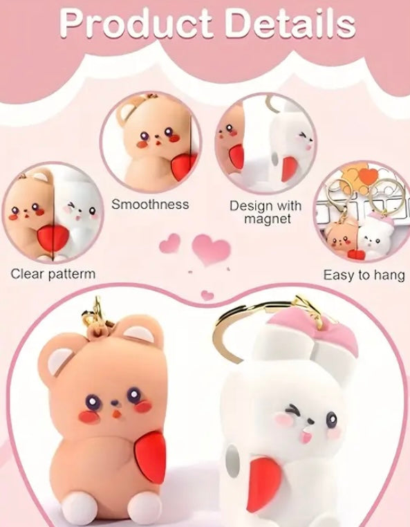 Cute Bear & Rabbit Couple Anahtarlık