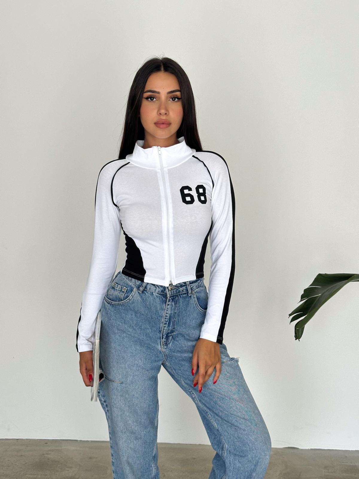 68 Number Yarışçı Beyaz Uzun Kollu Bluz Crop - touzmoda