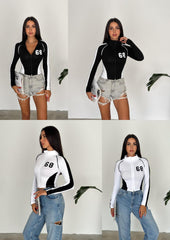 68 Number Yarışçı Siyah Uzun Kollu Bluz Crop - touzmoda