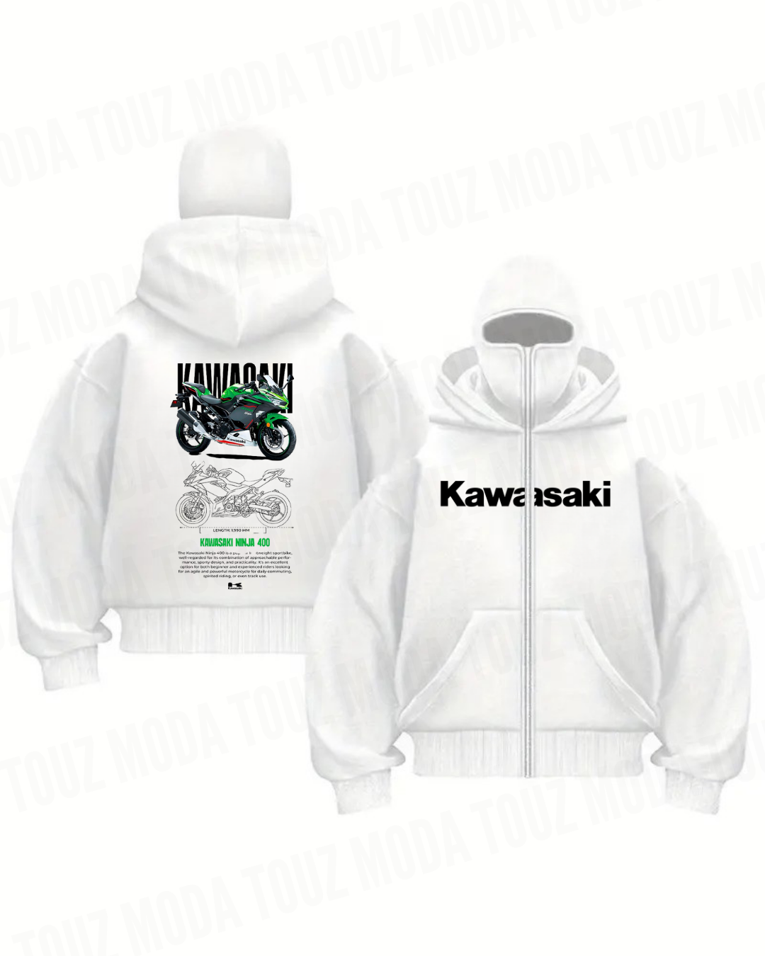 Motobike Maske Detaylı Oversize Fermuarlı Ecru Unisex Kapüşonlu Hırka