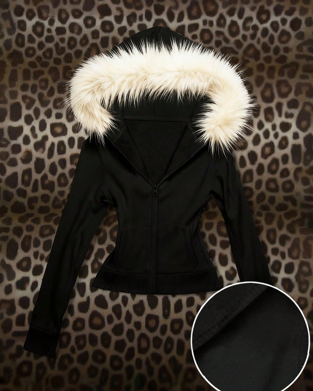 Siyah Basic Luxury Fur Hooded Zip-Up Hoodie