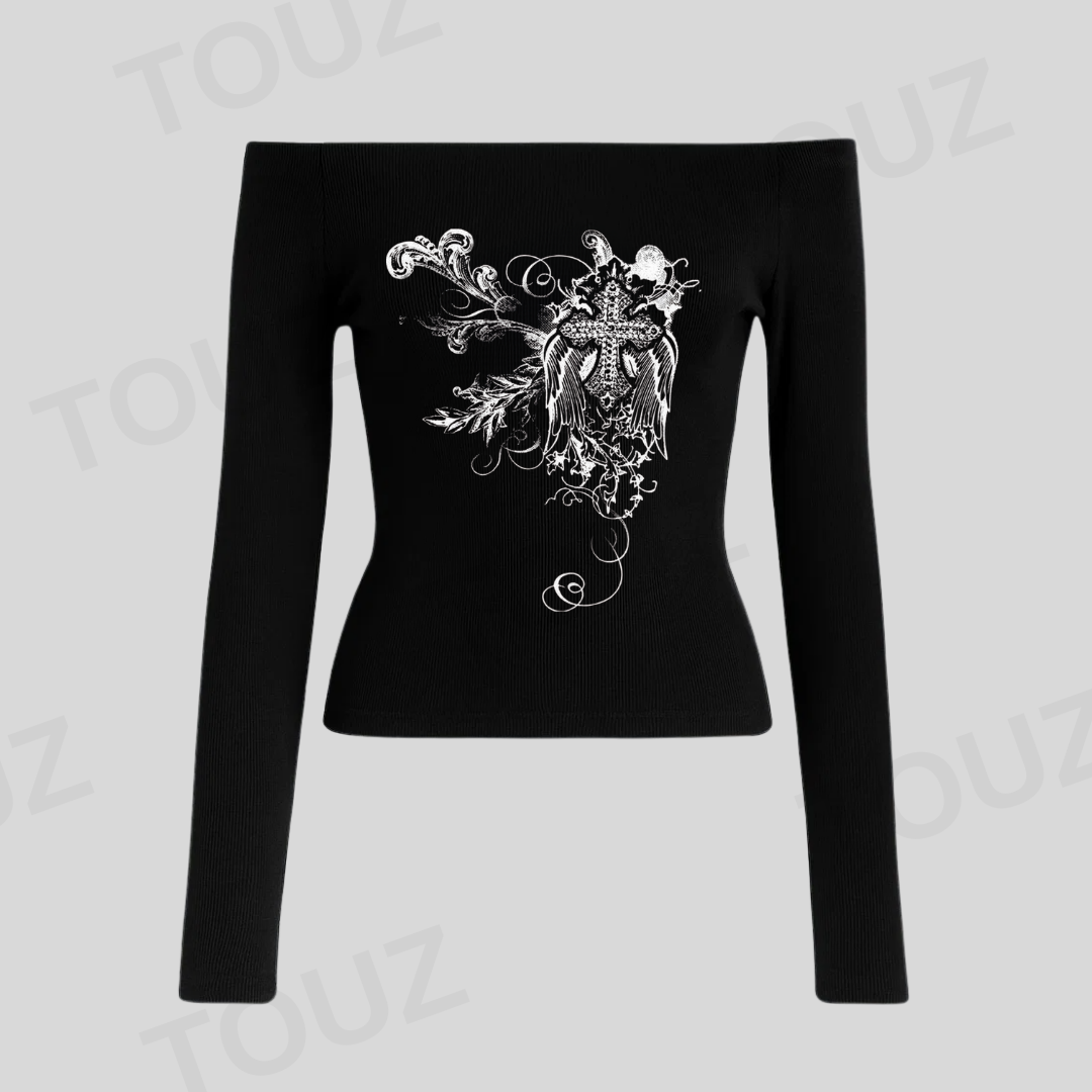 Gothic Baskılı Lace Siyah Uzun Kol Bluz