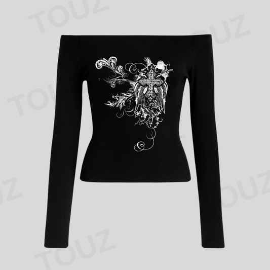 Gothic Baskılı Lace Siyah Uzun Kol Bluz